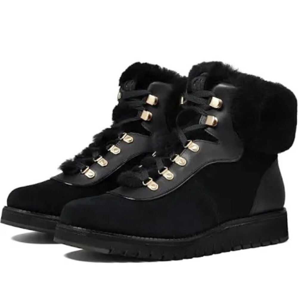 Cole Haan Winter‎ Boots Size 6.5B Womens Waterproof Black Lugged Sole Real Fur